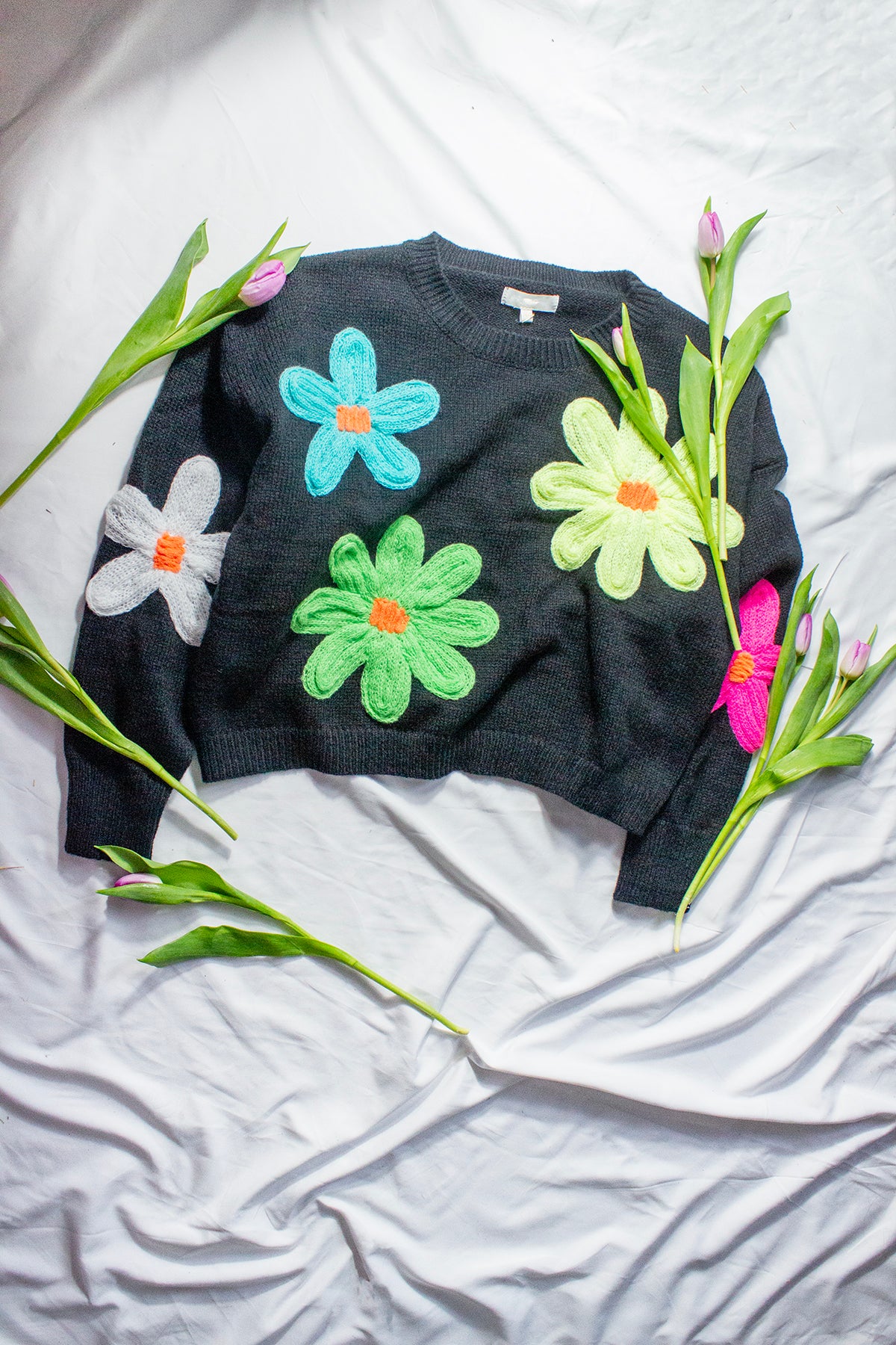 Crochet Applique Neon Floral Jumper - Sugar + Style