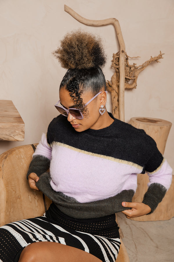 Colour Block Fluffy Knit Stripe Jumper - Sugar + Style