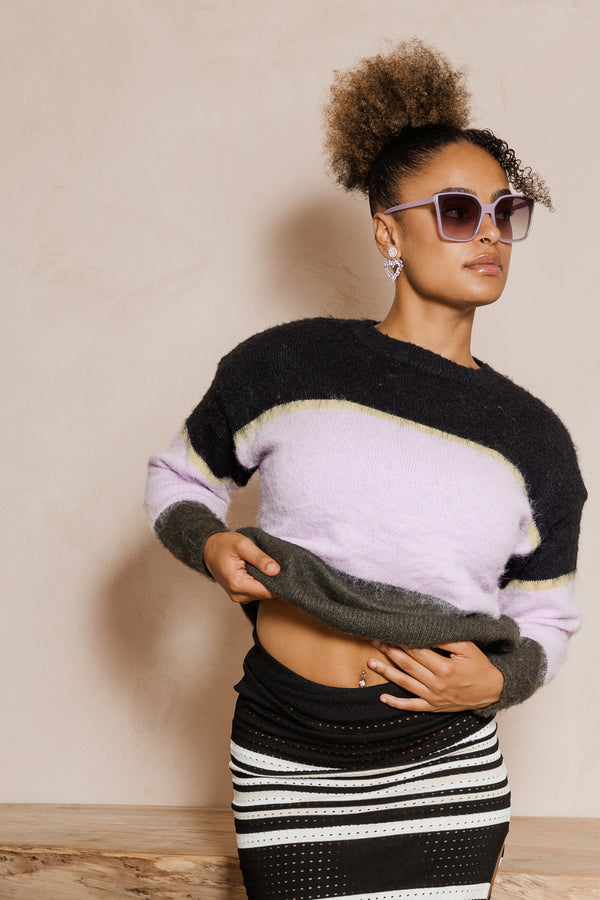 Colour Block Fluffy Knit Stripe Jumper - Sugar + Style