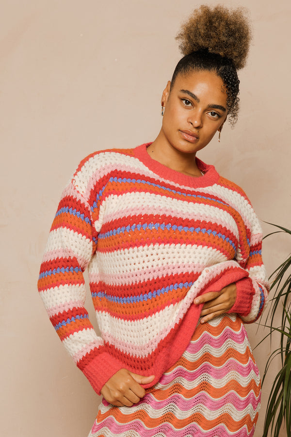 Soft Chunky Stripe Crochet Knit Jumper - Sugar + Style