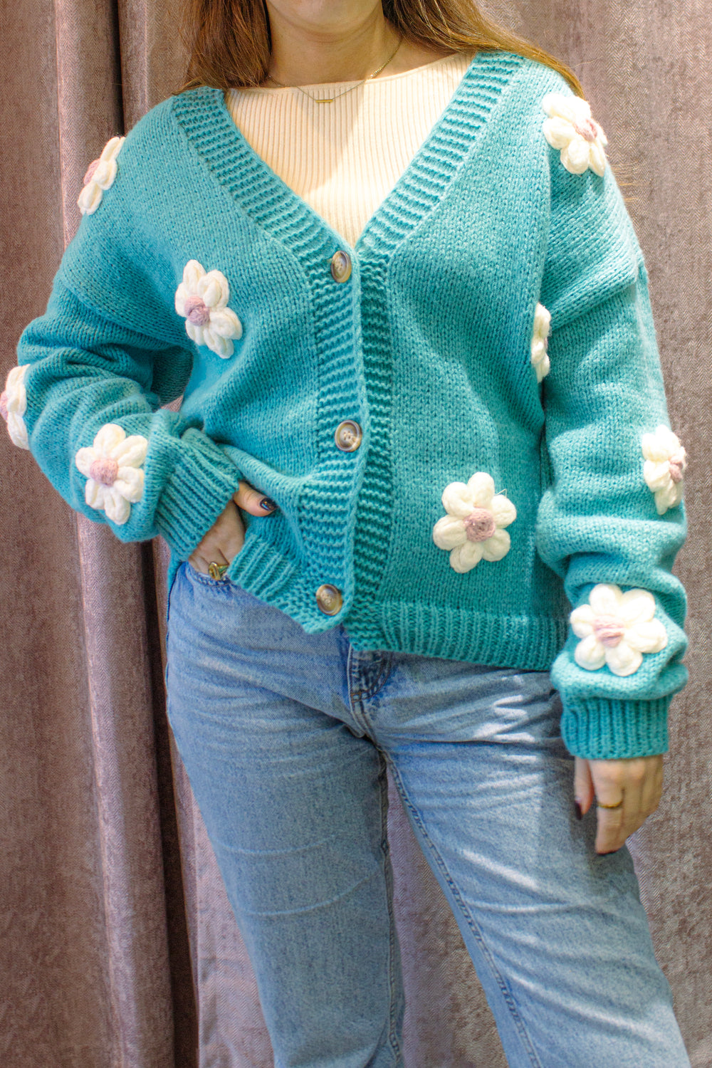 Crochet Bobble Applique Relaxed Daisy Cardigan - Sugar + Style