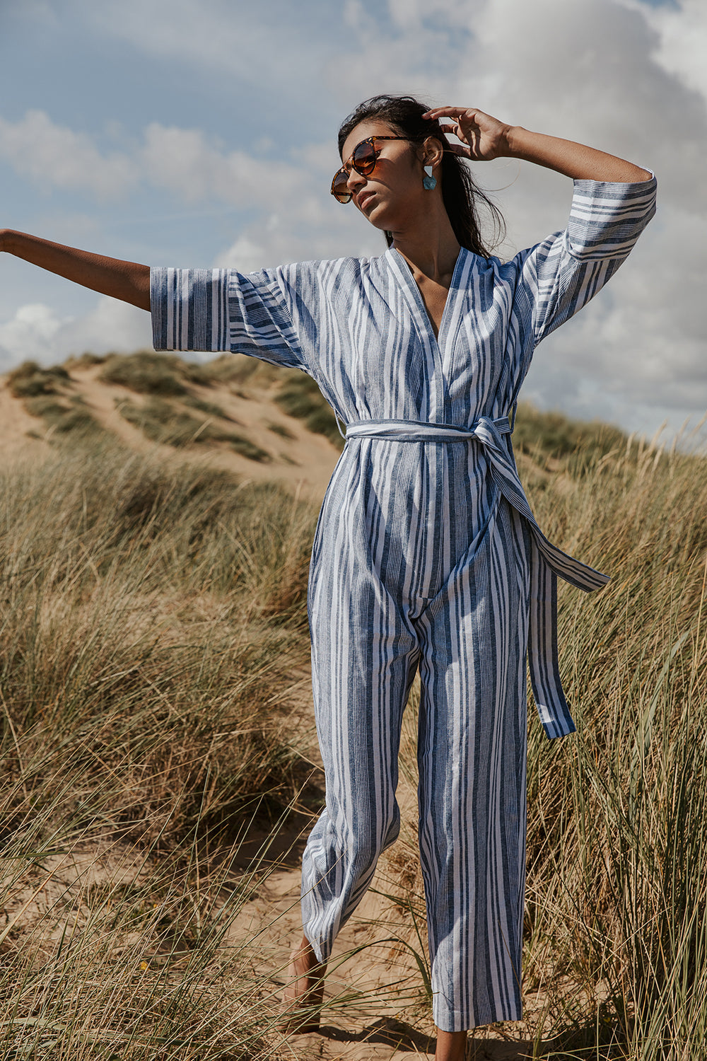 Cross Front Striped Jumpsuit With Fabric Belt - Sugar + Style