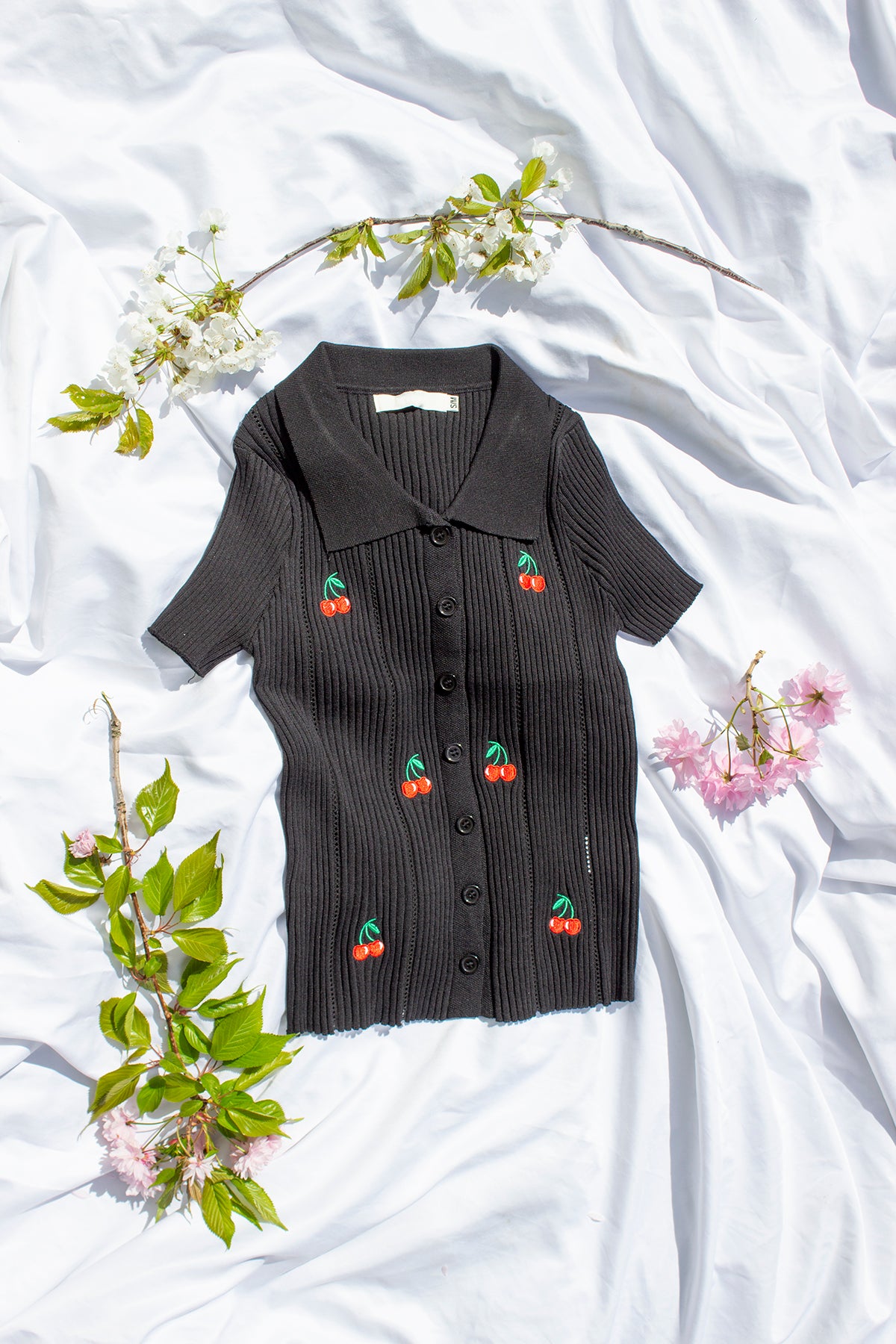 Cherry Embroidery Short Sleeve Shirt - Sugar + Style