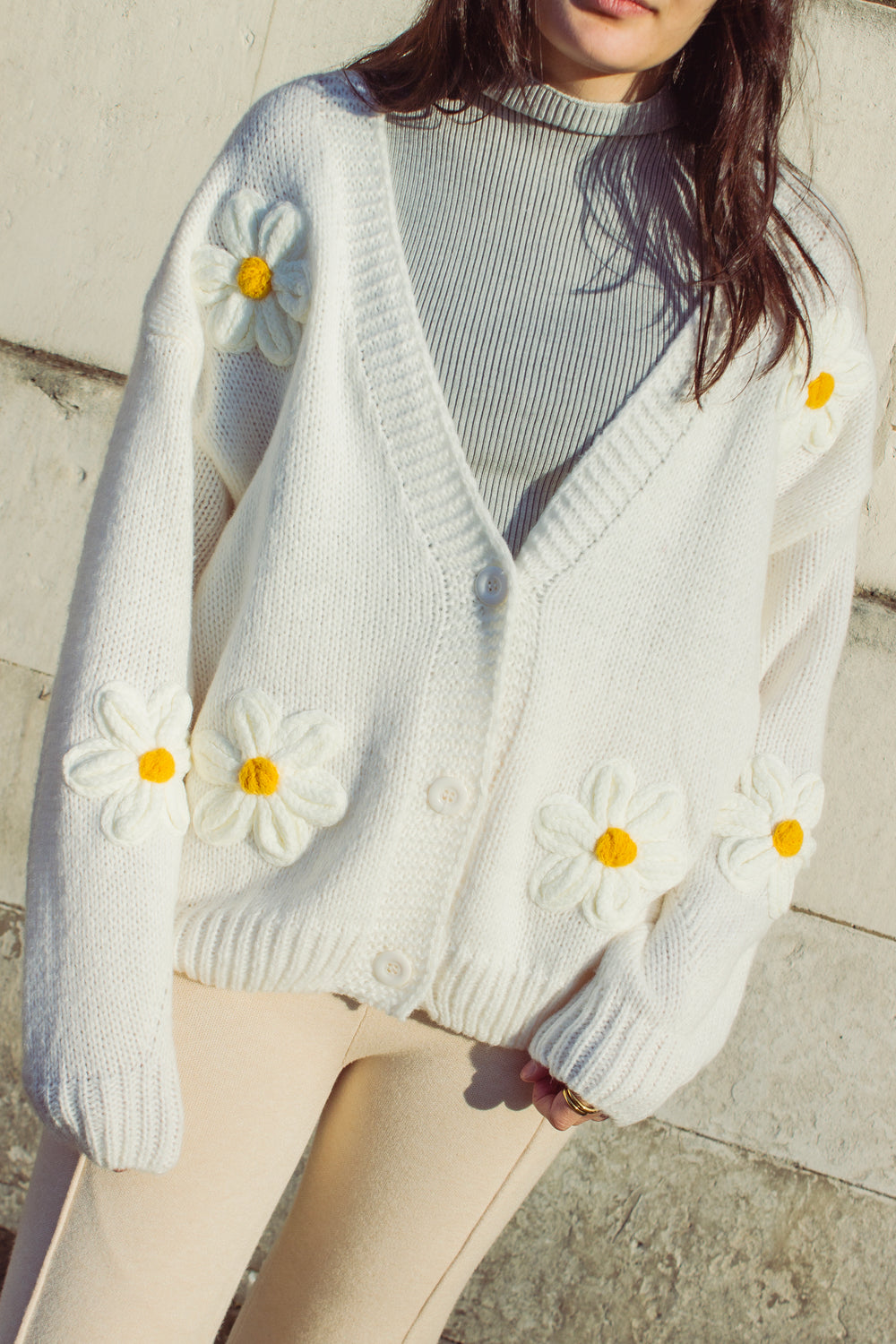 Crochet Applique Daisy Cardigan - Sugar + Style