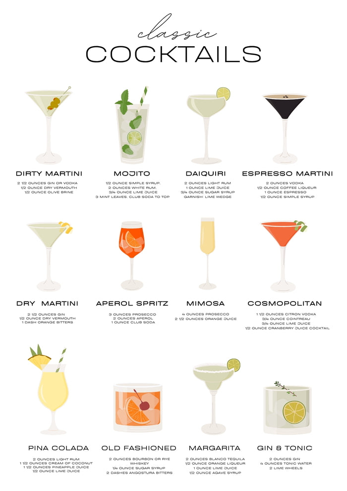 Cocktail Menu Illustrated Text A4 Print - Sugar + Style