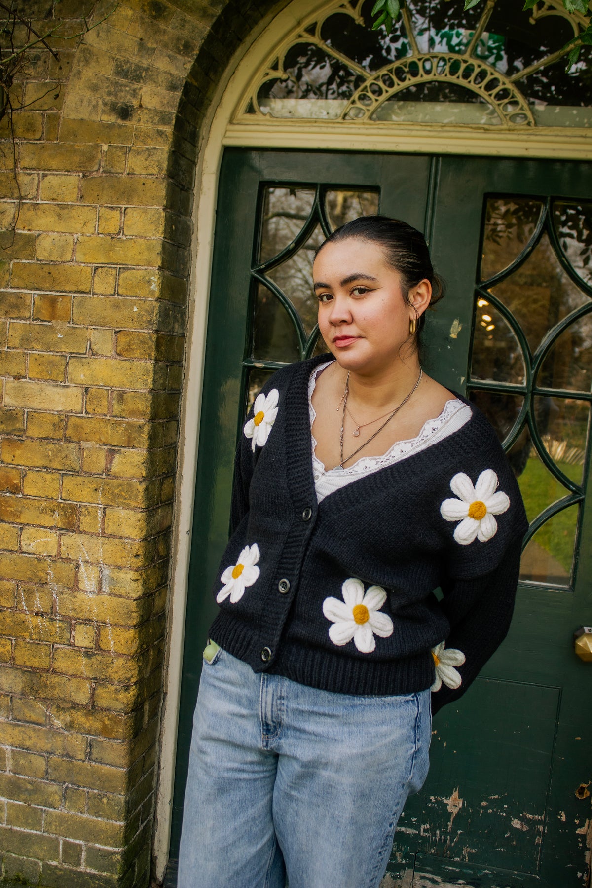 Crochet Bobble Applique Relaxed Daisy Cardigan - Sugar + Style