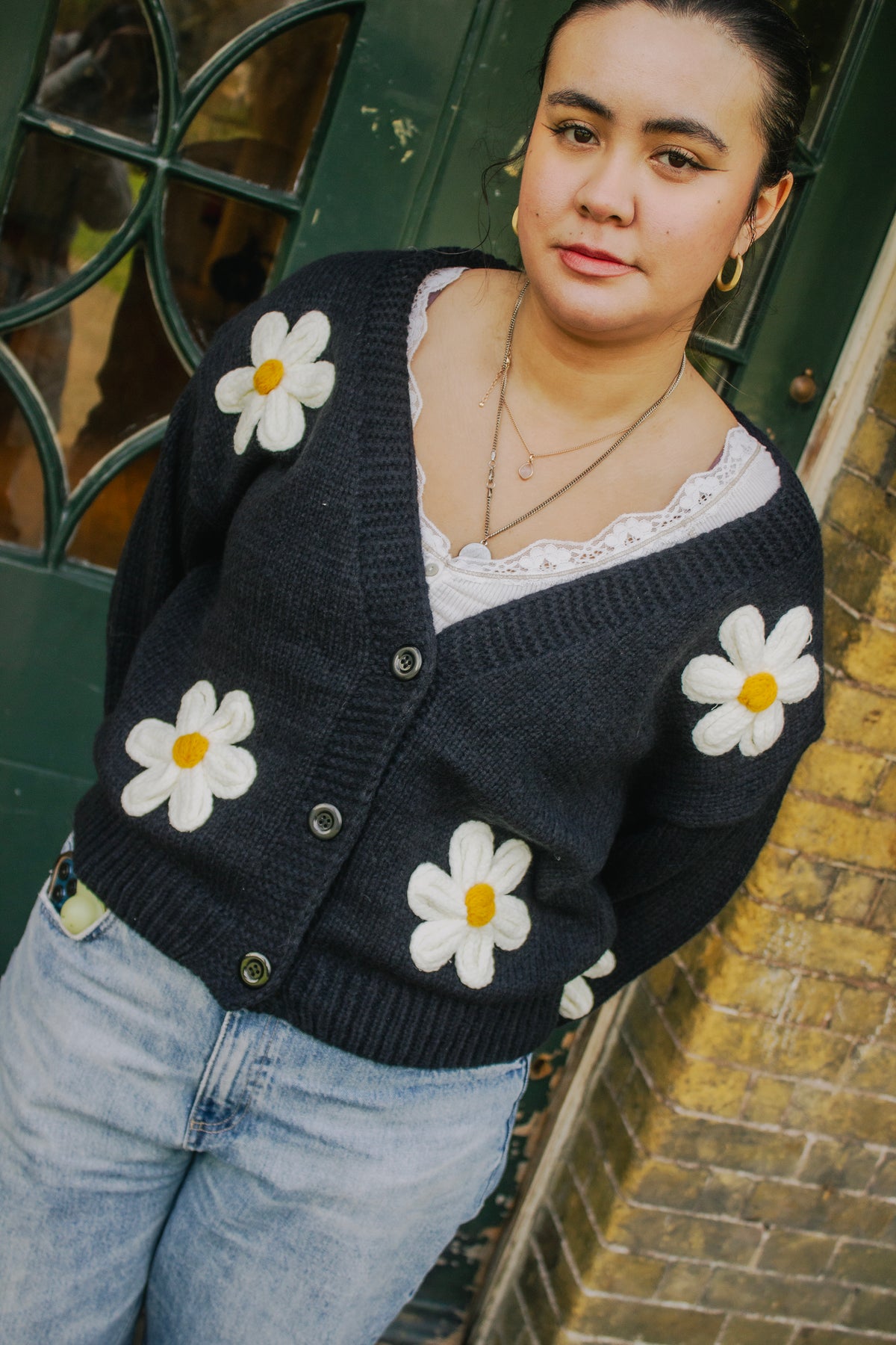 Crochet Bobble Applique Relaxed Daisy Cardigan - Sugar + Style