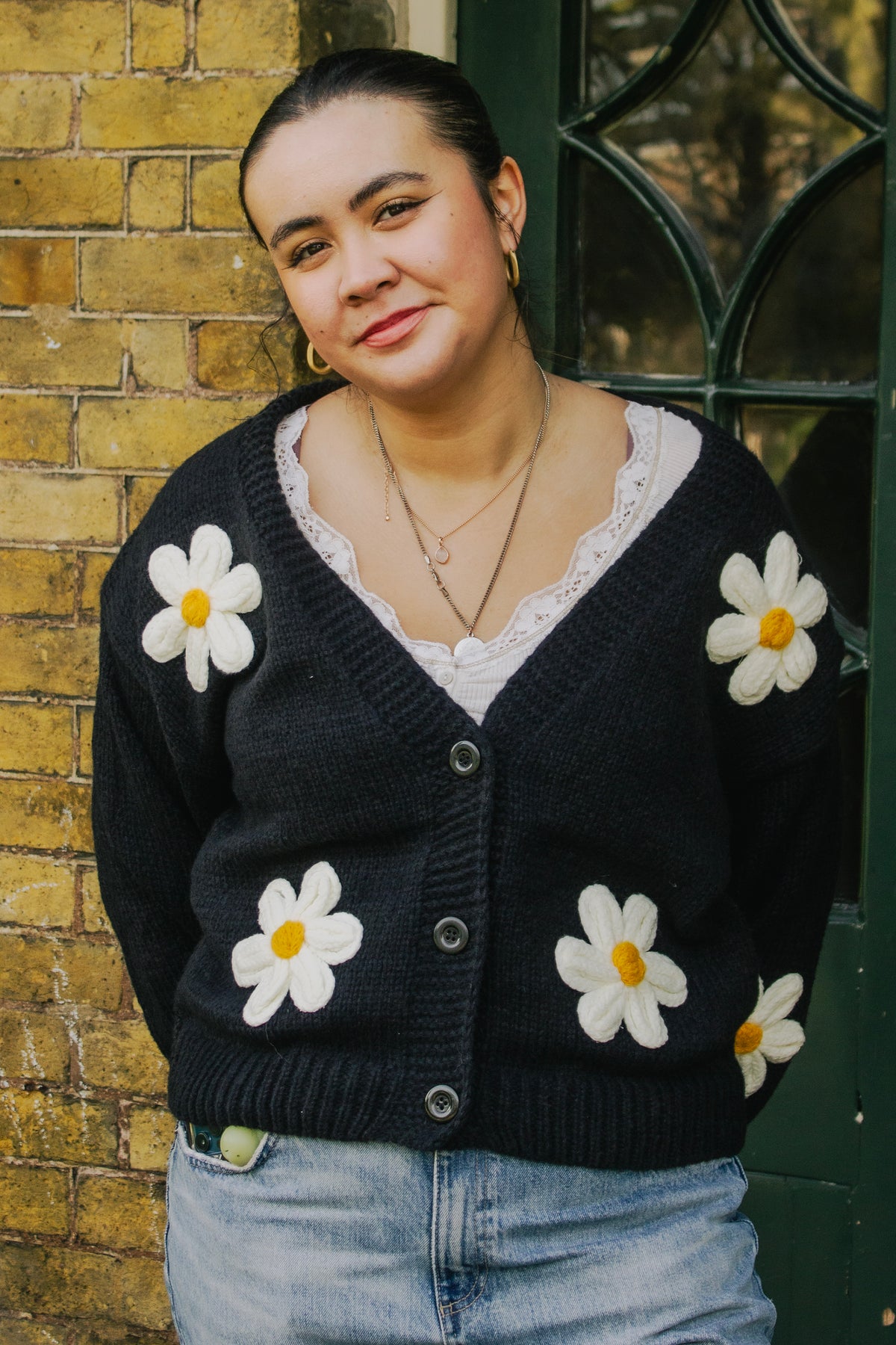 Crochet Bobble Applique Relaxed Daisy Cardigan - Sugar + Style