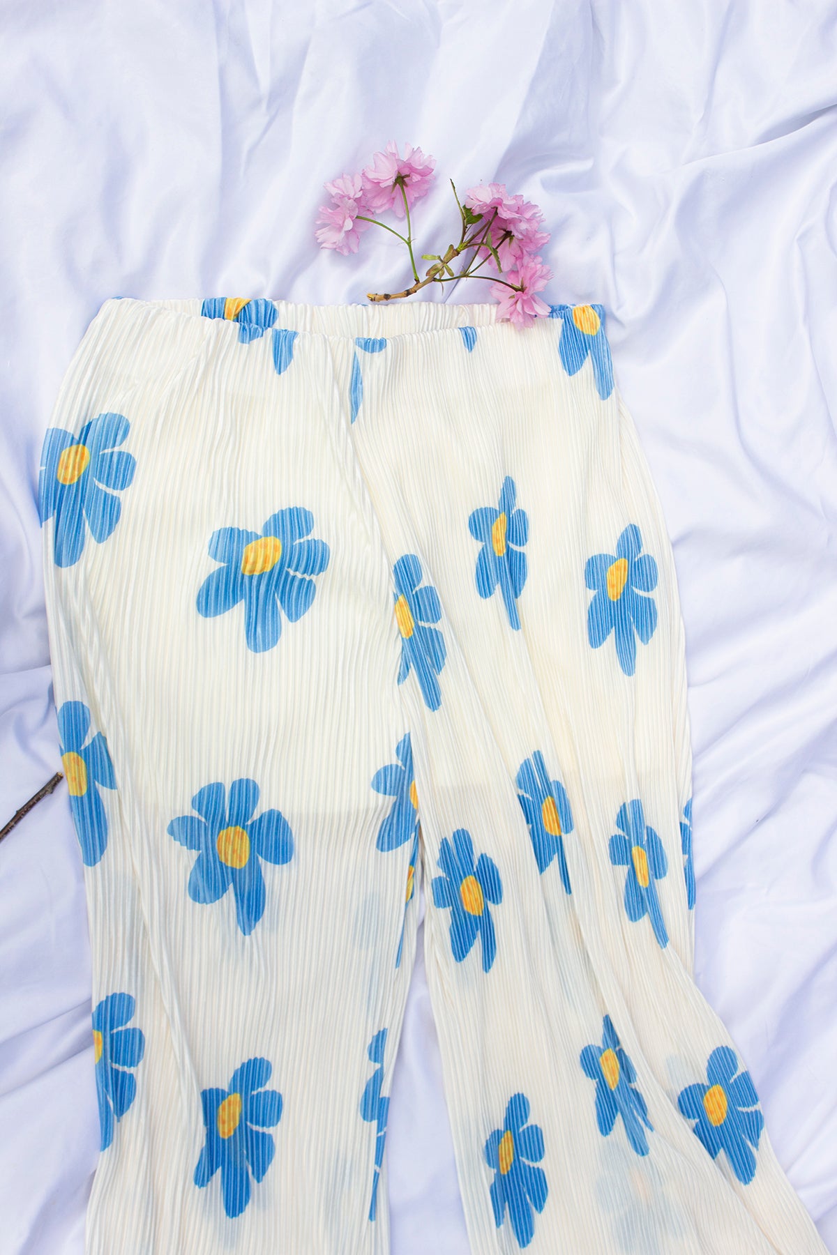Plisse Solid Pleat Floral Print Wide Leg Culotte Trousers - Sugar + Style