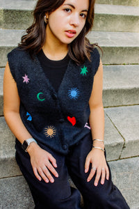 Astrology Embroidered Knit Sleeveless Vest - Sugar + Style