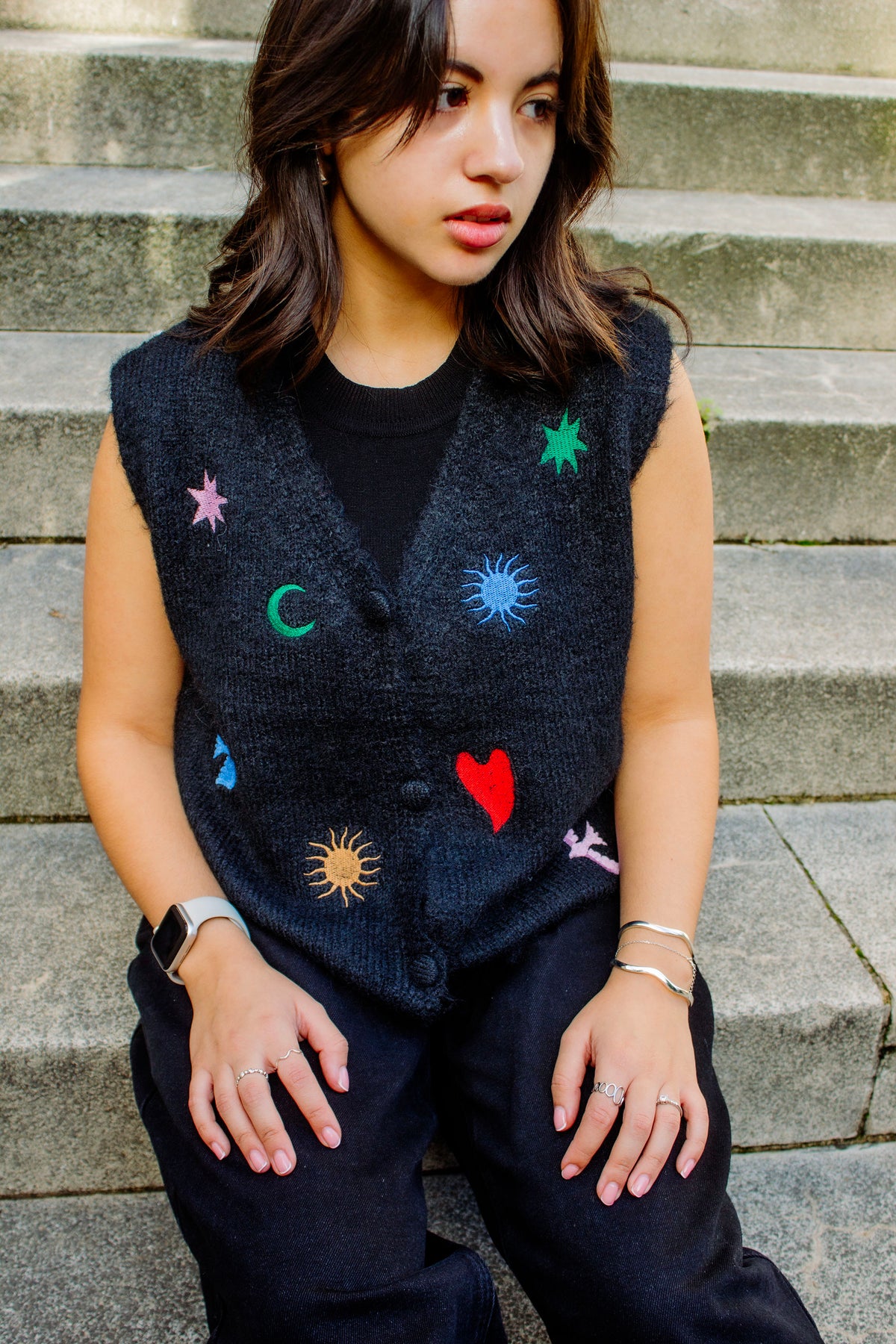 Astrology Embroidered Knit Sleeveless Vest - Sugar + Style