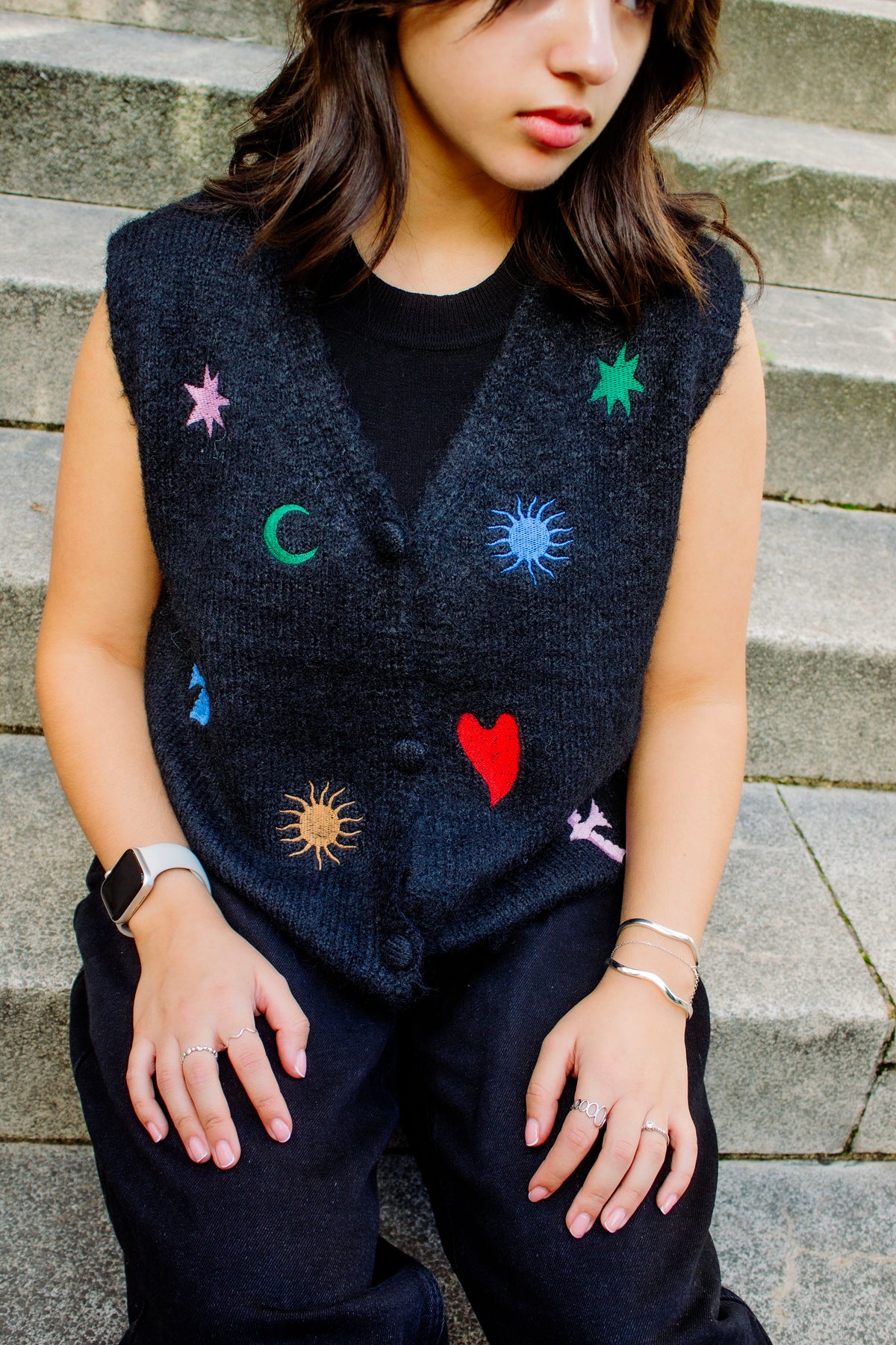 Astrology Embroidered Knit Sleeveless Vest - Sugar + Style