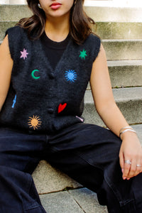 Astrology Embroidered Knit Sleeveless Vest - Sugar + Style