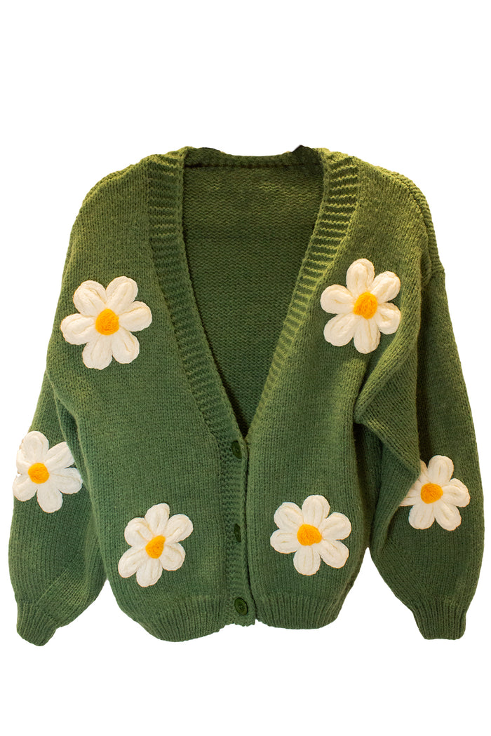 Crochet Bobble Applique Relaxed Daisy Cardigan - Sugar + Style