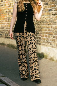 Leopard Print Knit Wide Trousers - Sugar + Style