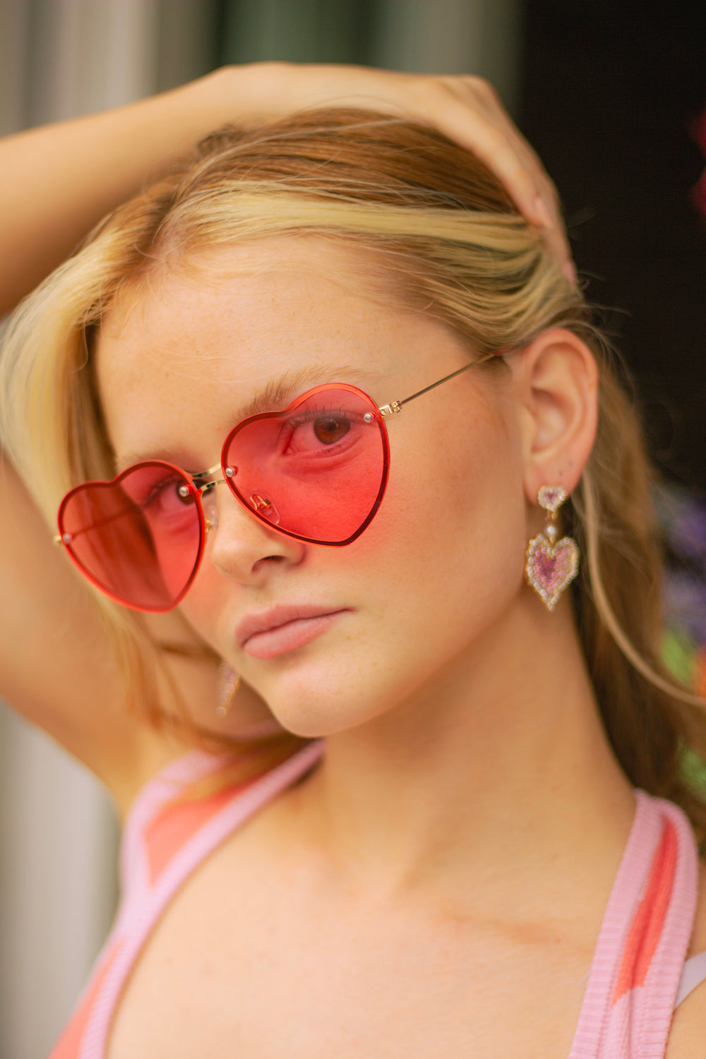 Pink Diamante Heart Dangle Earrings - Sugar + Style