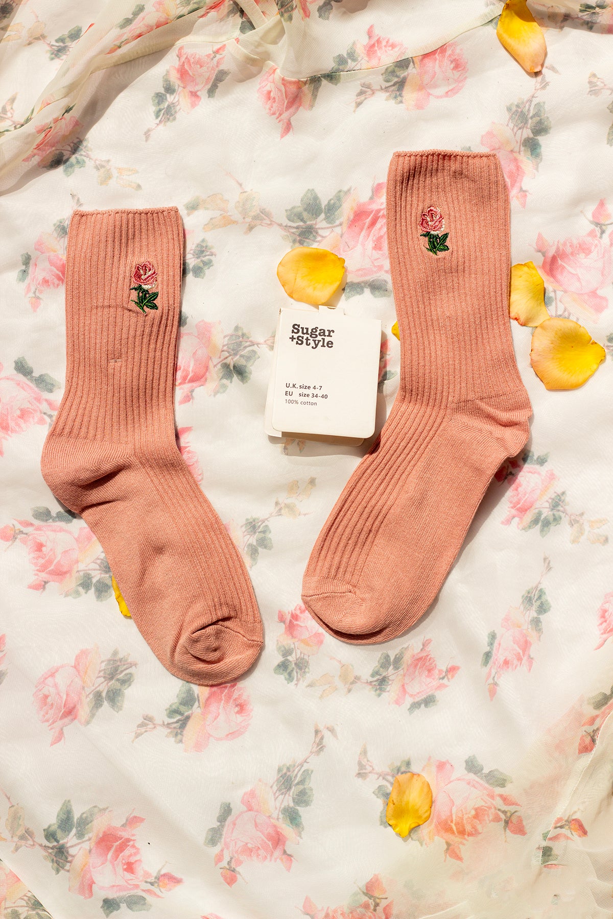 Pink Rose Embroidered Socks - Sugar + Style