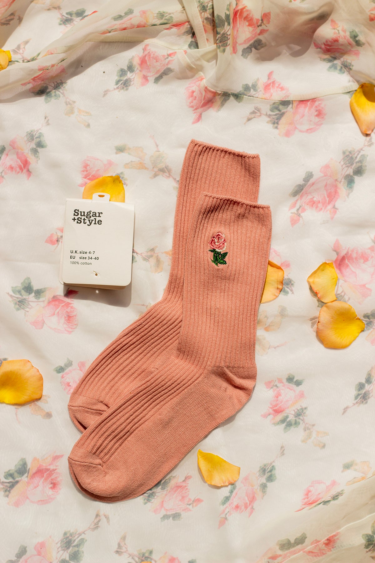 Pink Rose Embroidered Socks - Sugar + Style