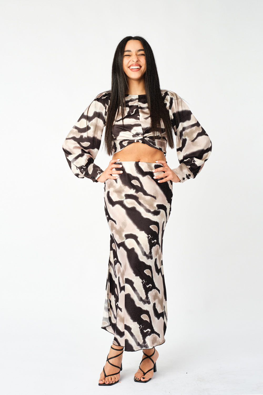 Tie Dye Camo Satin Side Slit Midi Skirt - Sugar + Style