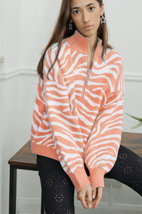 High Neck Zip Front Zebra Sweater