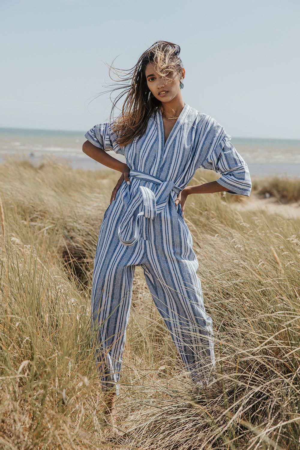 Cross Front Striped Jumpsuit With Fabric Belt - Sugar + Style