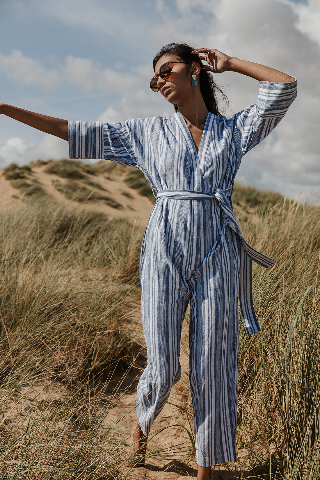 Blue and white store striped linen jumpsuit