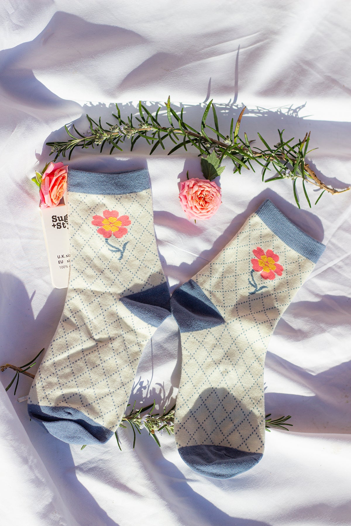 Blue Diamond Argyle Floral Socks - Sugar + Style