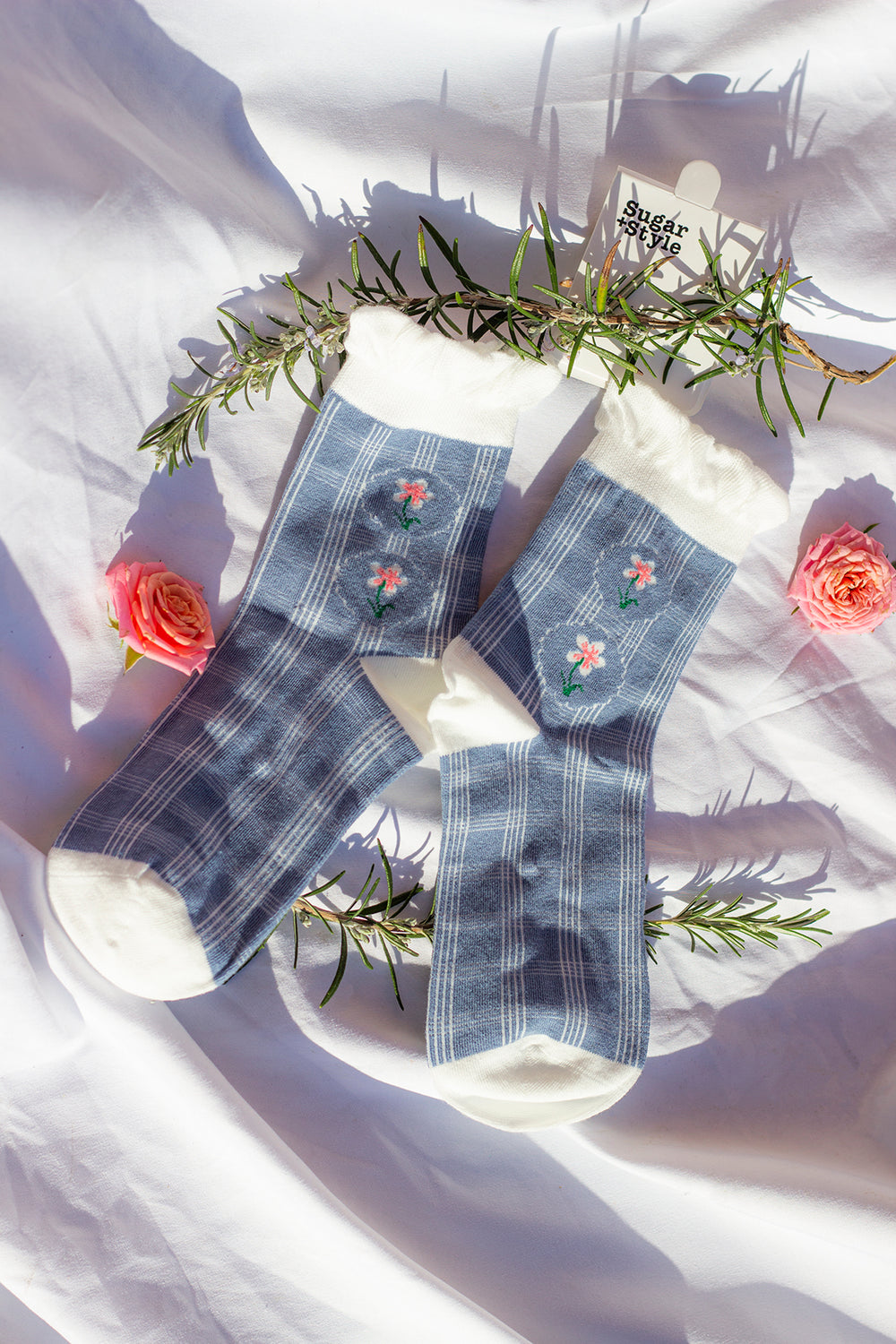 Blue Plaid Floral Socks - Sugar + Style
