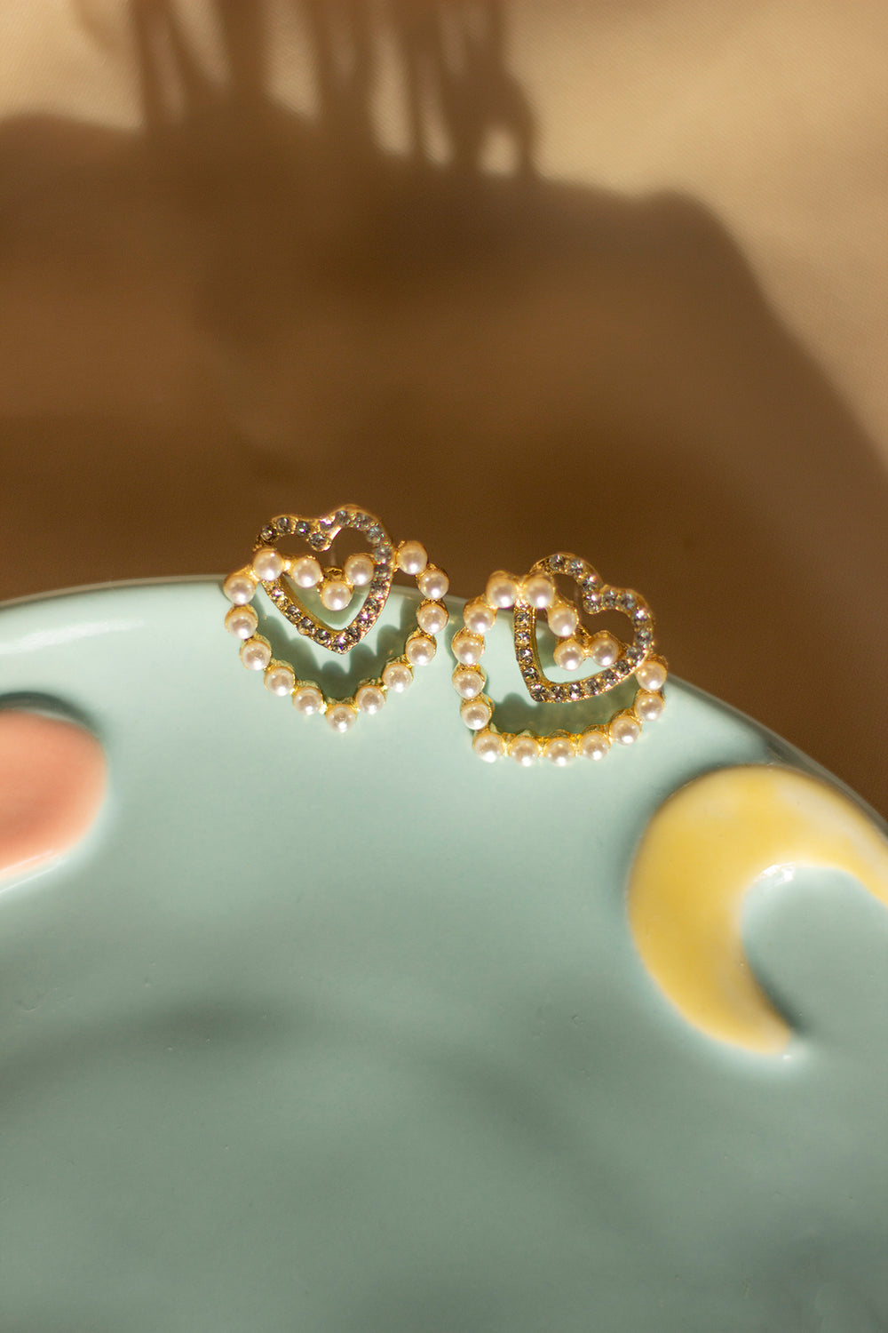 Duo Heart Link Pearl and Diamante Stud Earrings - Sugar + Style