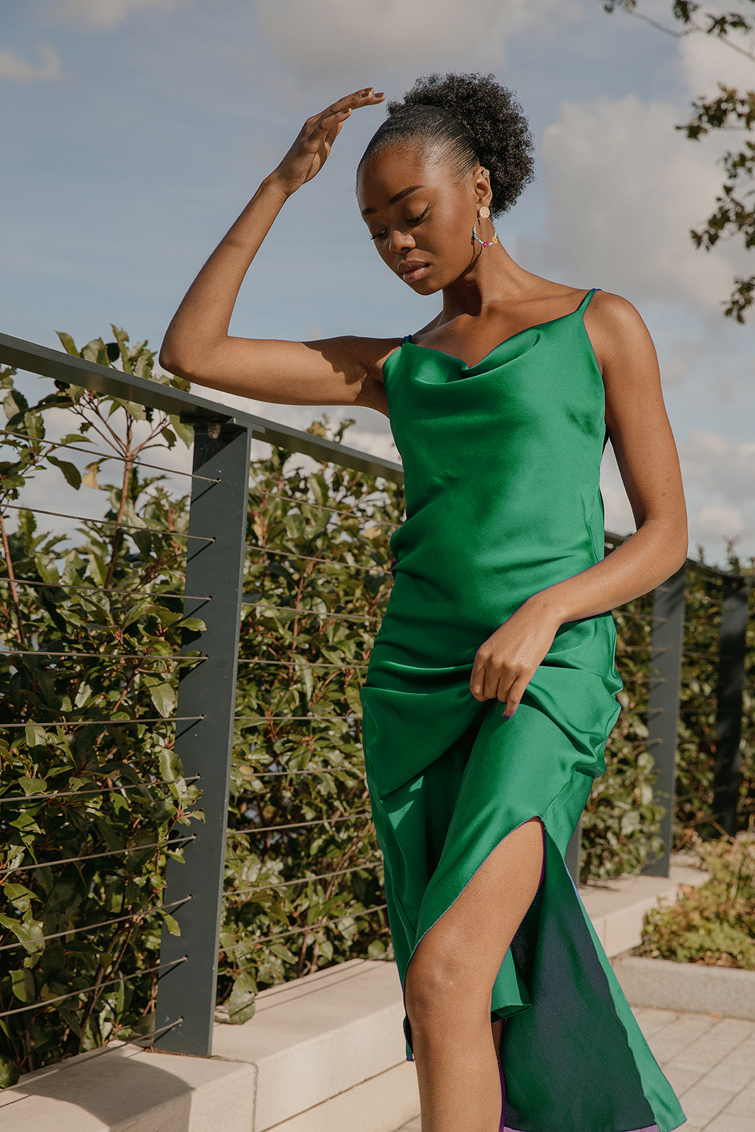 Green Cowl Neck Satin Slip Cami Midi Dress | SilkFred US