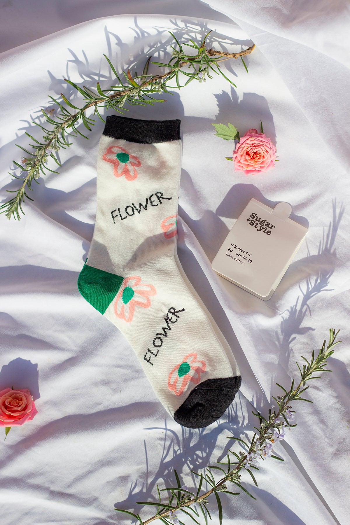 Illustrated Text Floral Print Contrast Socks - Sugar + Style