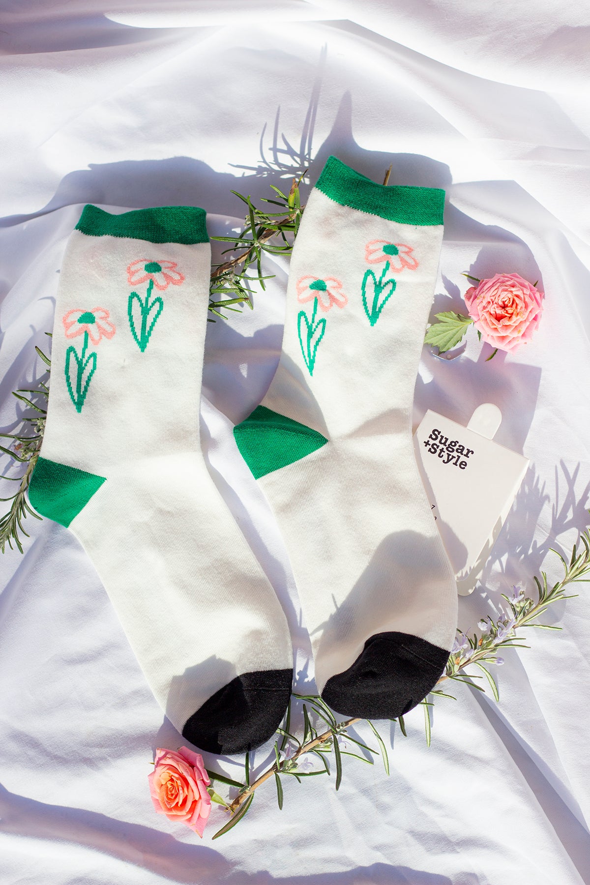 Pink Green and Black Illustrated Duo Floral Print Contrast Socks - Sugar + Style