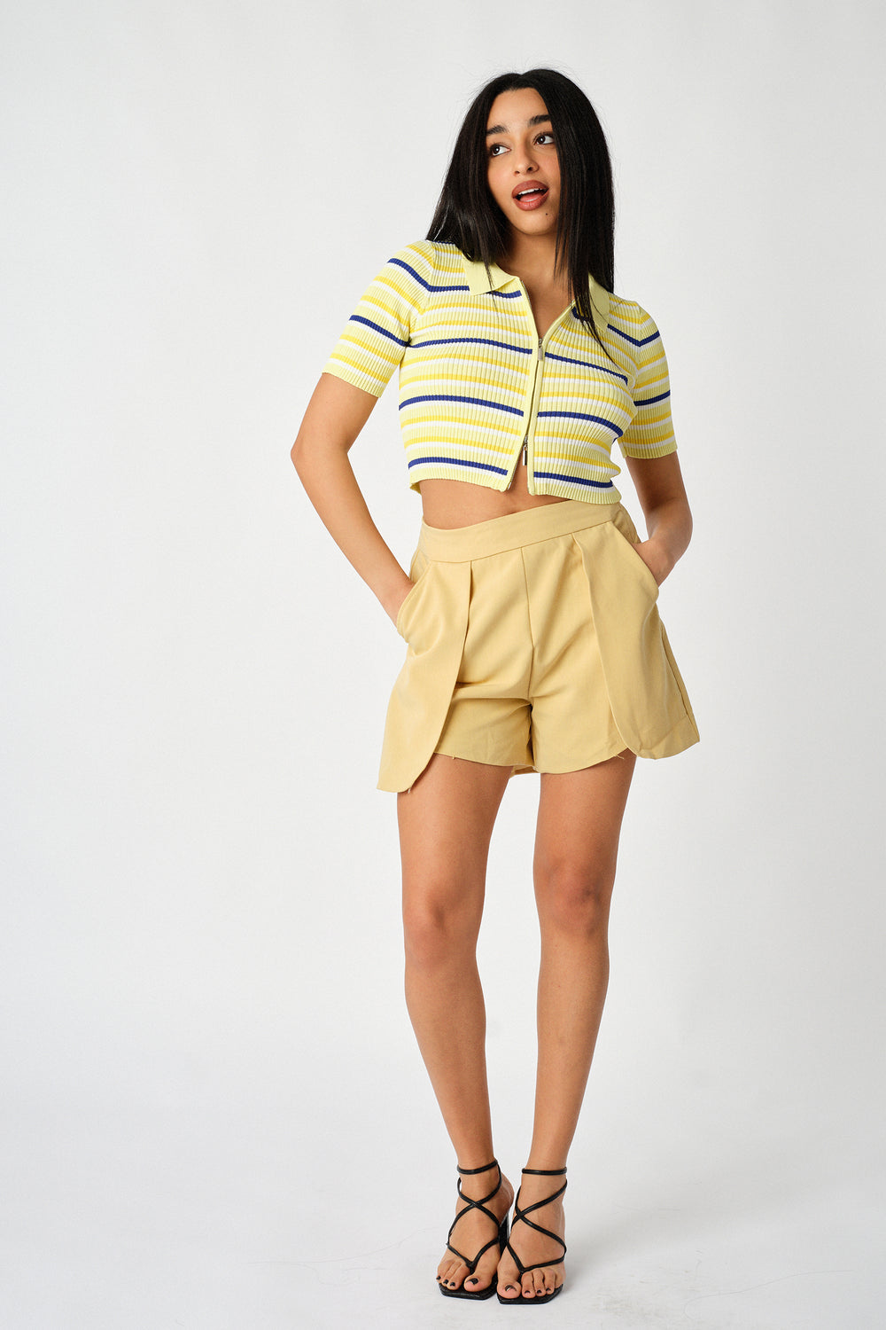 Striped Double Zip Front Short Sleeve Shirt Tee - Sugar + Style