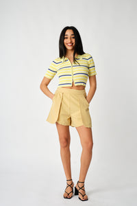 Striped Double Zip Front Short Sleeve Shirt Tee - Sugar + Style