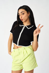 Zip Front Contrast Lined Short Sleeve Shirt Tee - Sugar + Style