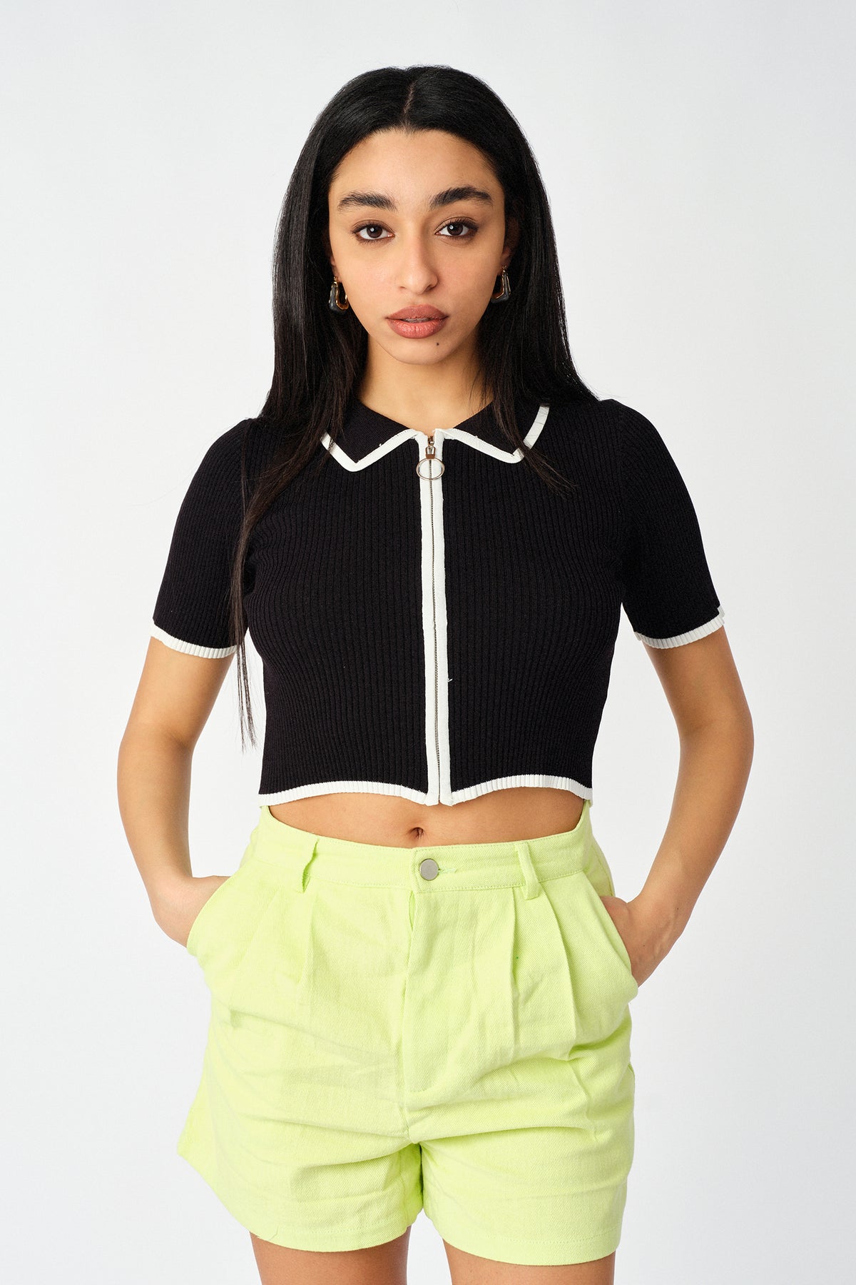 Zip Front Contrast Lined Short Sleeve Shirt Tee - Sugar + Style