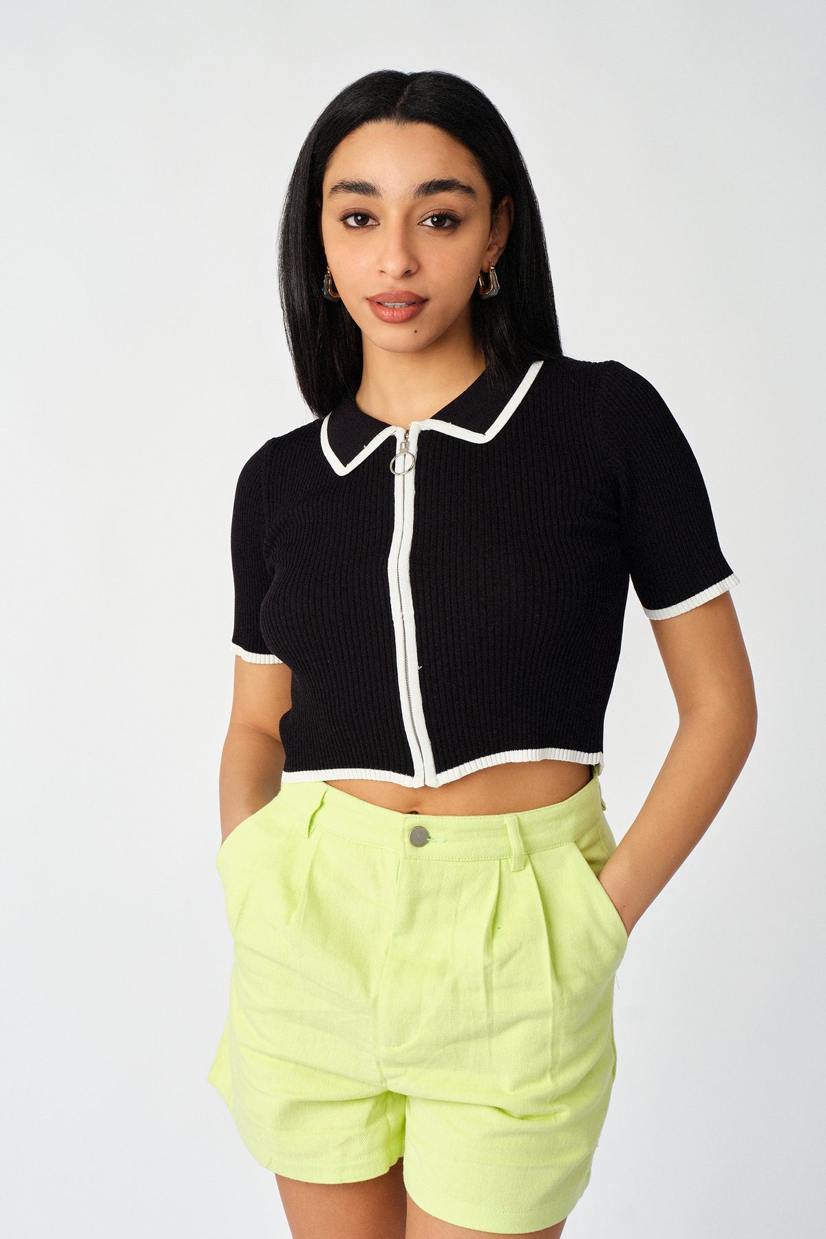 Zip Front Contrast Lined Short Sleeve Shirt Tee - Sugar + Style