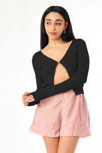 Split Front Long Sleeve Ribbed Top - Sugar + Style