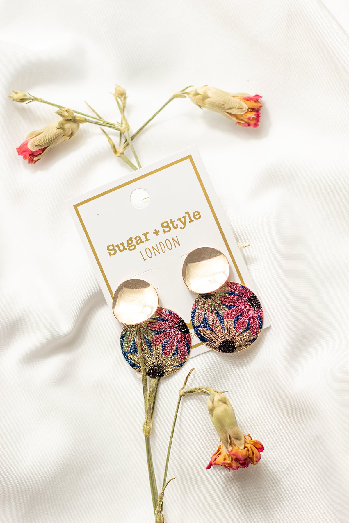 Floral Pattern Disk Dangle Earrings - Sugar + Style