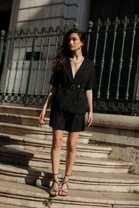 Short Sleeve Tailored Belted Blazer Top - Sugar + Style