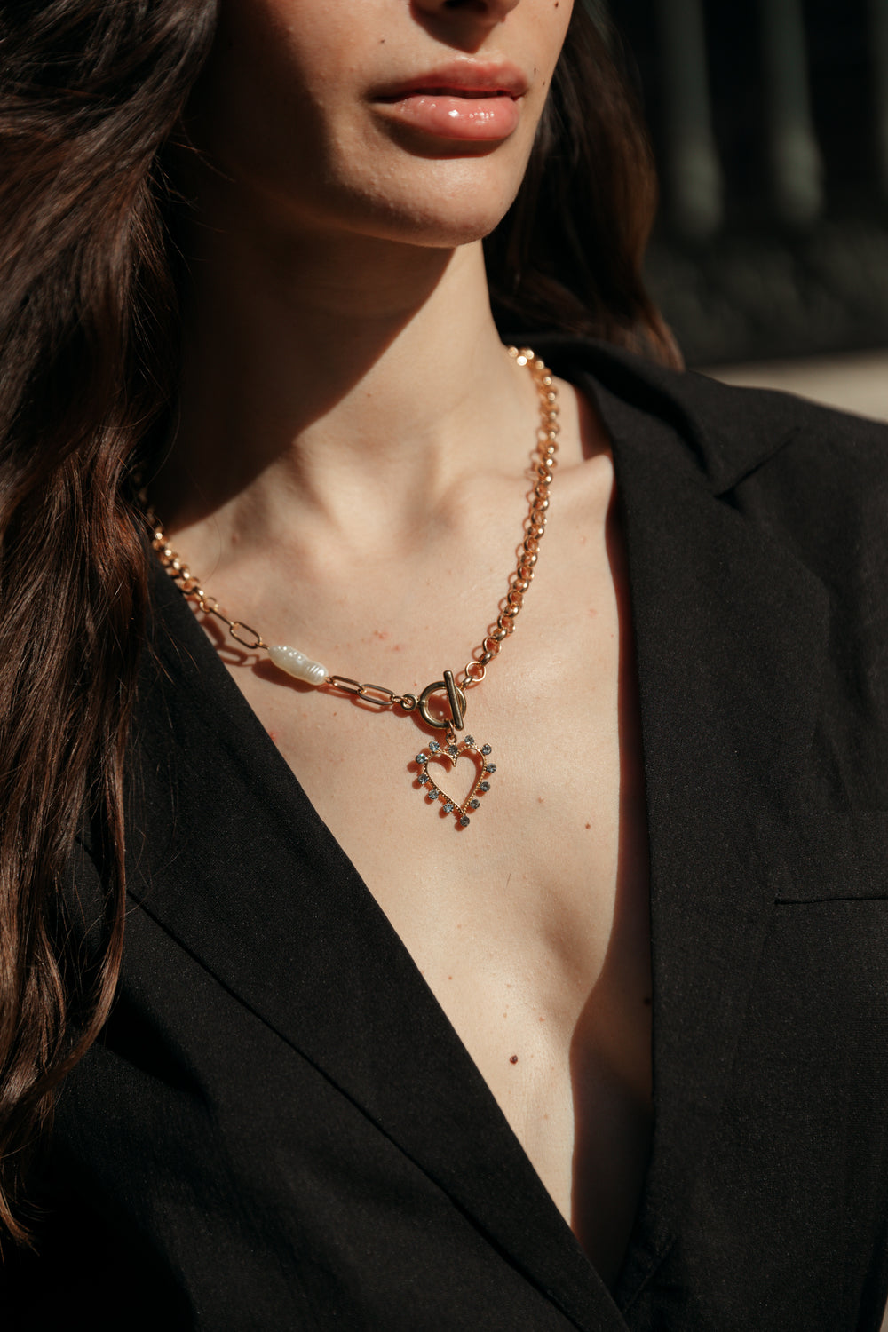 Jewel Heart Gold Chain and Pearl T Bar Necklace - Sugar + Style