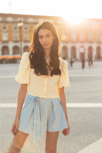 Crochet Effect Pearl Button Front Blouse - Sugar + Style