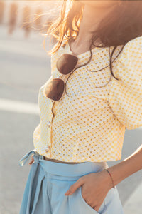 Crochet Effect Pearl Button Front Blouse - Sugar + Style