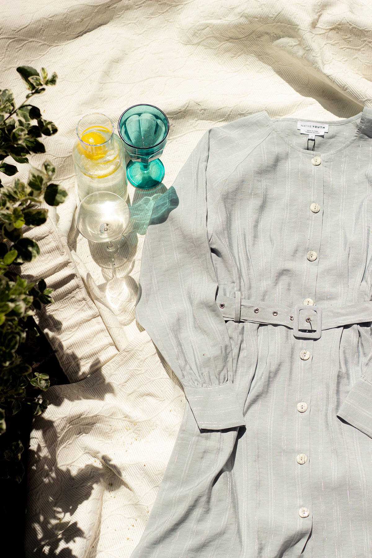 Button Down Striped Blue Shirt Dress with Fabric Belt - Sugar + Style