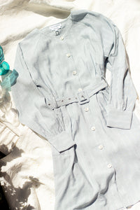 Button Down Striped Blue Shirt Dress with Fabric Belt - Sugar + Style