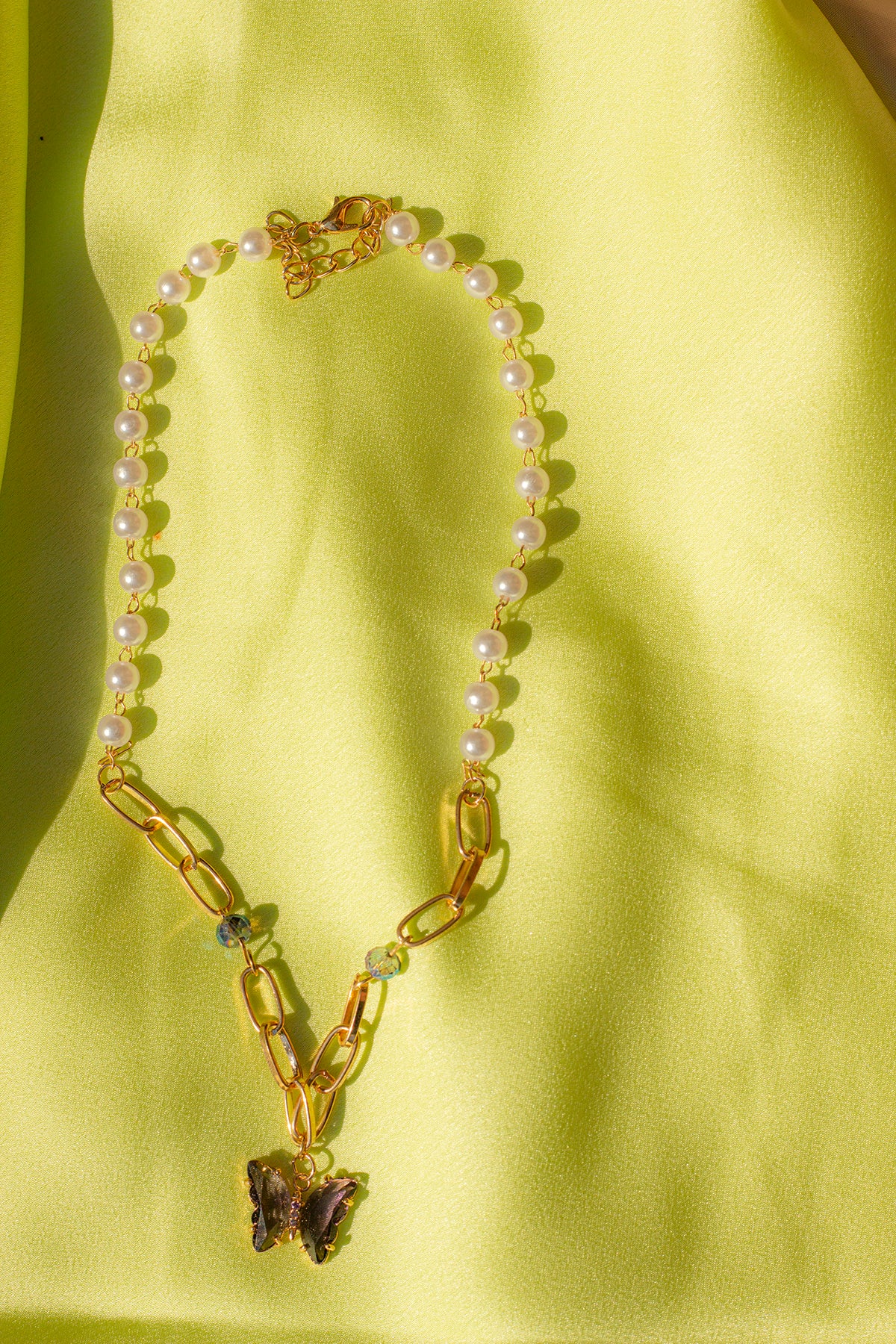 Pearl and Chain Necklace with Butterfly Gem Pendant - Sugar + Style
