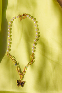 Pearl and Chain Necklace with Butterfly Gem Pendant - Sugar + Style