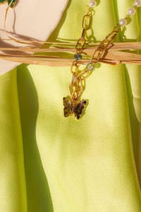 Pearl and Chain Necklace with Butterfly Gem Pendant - Sugar + Style