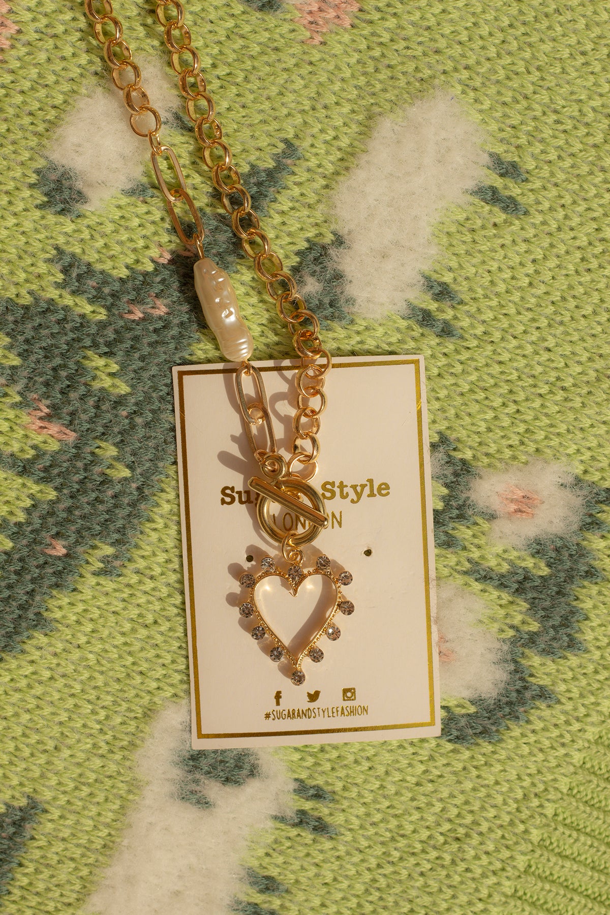 Jewel Heart Gold Chain and Pearl T Bar Necklace - Sugar + Style