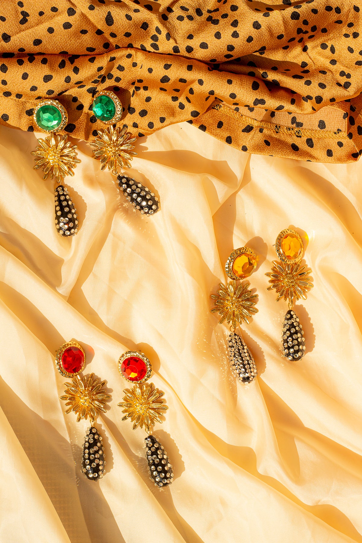 Three Tier Gem Stud with Flower and Jewel Encrusted Dangle Earrings - Sugar + Style